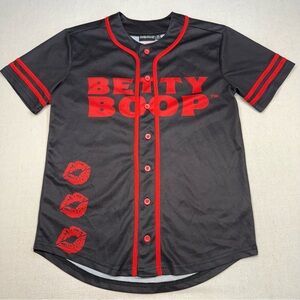 Betty Boop Baseball Jersey Womens Black Red Cartoon Graphic Button Front Size XS